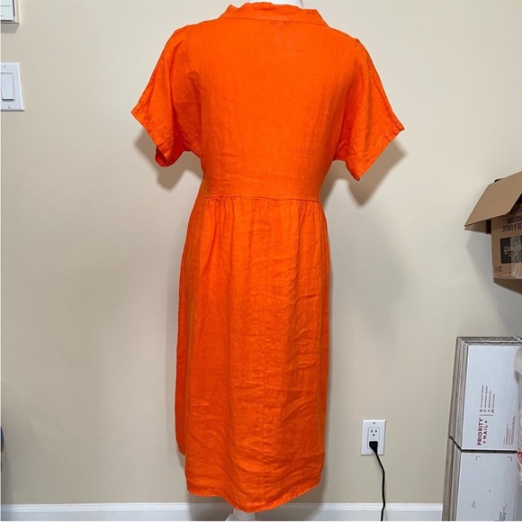 Vanessa Zani Orange Linen Midi Dress | Split Neck Short Sleeves | Made in Italy - Picture 5 of 11